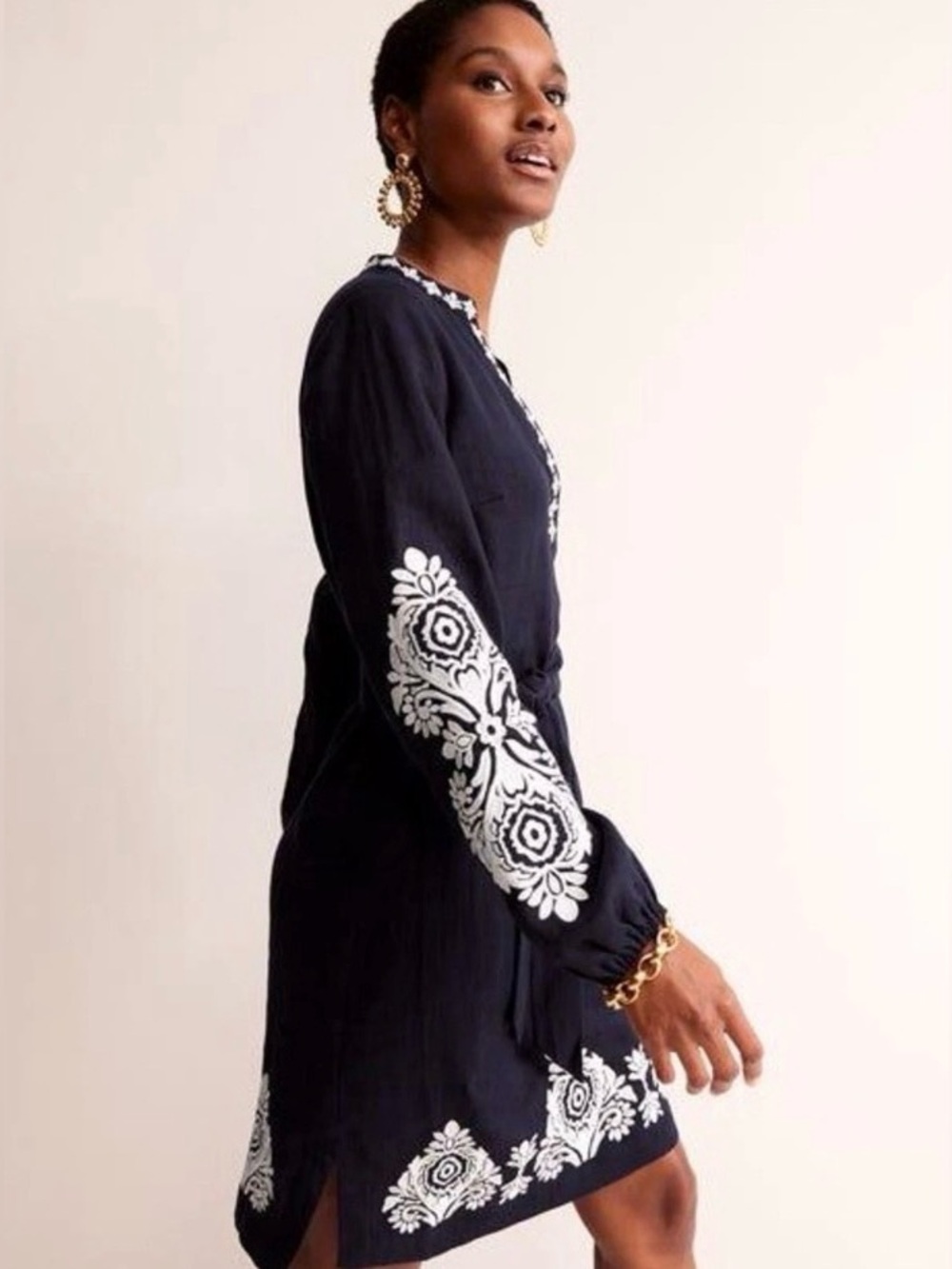 Boden Cleo Embroidered Linen Long Sleeve Belted Midi Dress Women’s 2 Navy White
